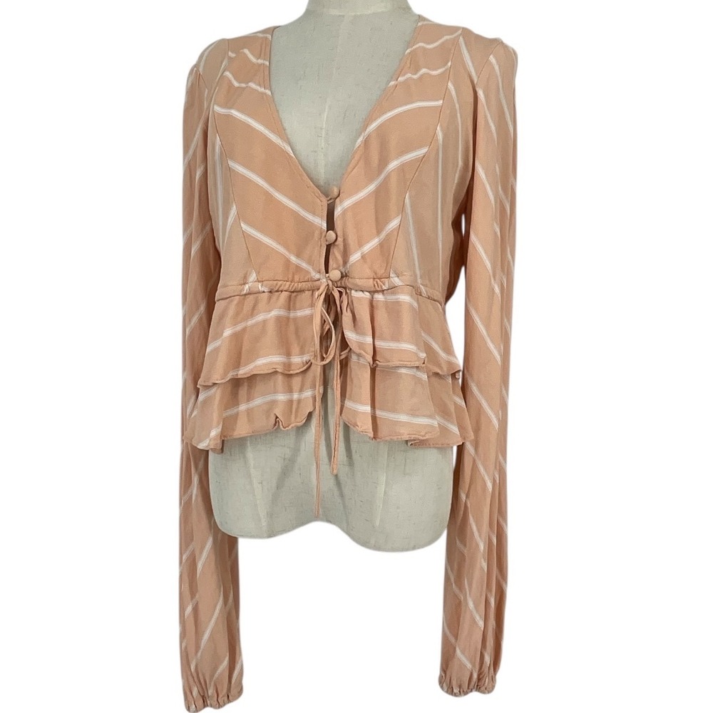 Free People‎ Peach Stripe Peplum V Neck Long Sleeve Button Front Blouse Top L